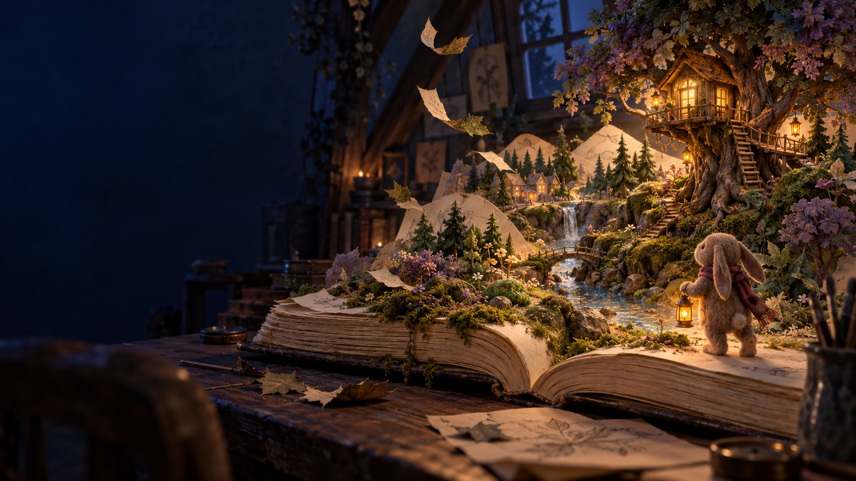 A little rabbit with a lantern discovers a living woodland growing from a sketchbook